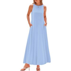 imageBTFBM 2025 Women Summer Vacation Dresses Sleeveless Crewneck Loose Beach Sundress Bubble Hem Tank Maxi Dress PocketsLight Blue
