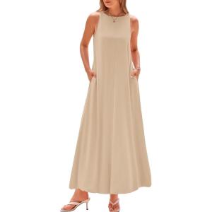 imageBTFBM 2025 Women Summer Vacation Dresses Sleeveless Crewneck Loose Beach Sundress Bubble Hem Tank Maxi Dress PocketsLight Khaki