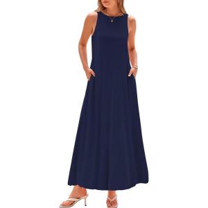 imageBTFBM 2025 Women Summer Vacation Dresses Sleeveless Crewneck Loose Beach Sundress Bubble Hem Tank Maxi Dress PocketsNavy
