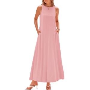 imageBTFBM 2025 Women Summer Vacation Dresses Sleeveless Crewneck Loose Beach Sundress Bubble Hem Tank Maxi Dress PocketsPink