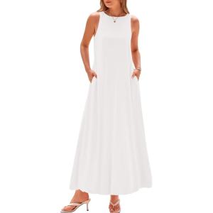 imageBTFBM 2025 Women Summer Vacation Dresses Sleeveless Crewneck Loose Beach Sundress Bubble Hem Tank Maxi Dress PocketsWhite