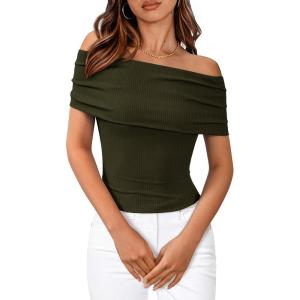 imageBTFBM Spring Summer Off The Shoulder Tops for Women Trendy 2025 Short Sleeve Shirts Knit Stretchy Slim Fit Going Out TopArmy Green