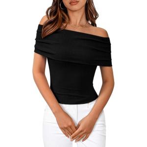 imageBTFBM Spring Summer Off The Shoulder Tops for Women Trendy 2025 Short Sleeve Shirts Knit Stretchy Slim Fit Going Out TopBlack