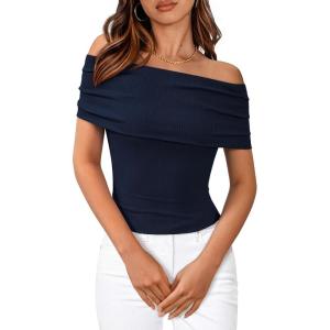 imageBTFBM Spring Summer Off The Shoulder Tops for Women Trendy 2025 Short Sleeve Shirts Knit Stretchy Slim Fit Going Out TopNavy
