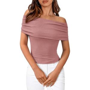 imageBTFBM Spring Summer Off The Shoulder Tops for Women Trendy 2025 Short Sleeve Shirts Knit Stretchy Slim Fit Going Out TopPink