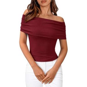 imageBTFBM Spring Summer Off The Shoulder Tops for Women Trendy 2025 Short Sleeve Shirts Knit Stretchy Slim Fit Going Out TopWine Red