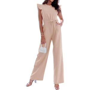 imageBTFBM Women Jumpsuits Crew Neck Ruffle Cap Sleeve Belted High Waist Wide Leg Romper with Pockets One Piece Casual OutfitsApricot