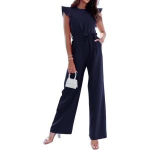 imageBTFBM Women Jumpsuits Crew Neck Ruffle Cap Sleeve Belted High Waist Wide Leg Romper with Pockets One Piece Casual OutfitsNavy