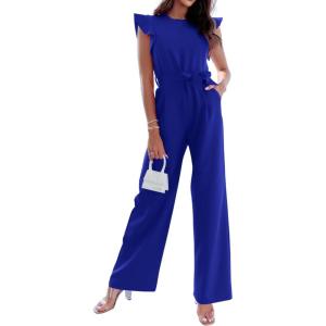 imageBTFBM Women Jumpsuits Crew Neck Ruffle Cap Sleeve Belted High Waist Wide Leg Romper with Pockets One Piece Casual OutfitsRoyal Blue