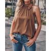 imageBTFBM Women Sleeveless Tie Mock Neck Summer Tops Loose Casual Side Bow Satin Halter Tank Top Blouse ShirtsDark Brown