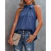 imageBTFBM Women Sleeveless Tie Mock Neck Summer Tops Loose Casual Side Bow Satin Halter Tank Top Blouse ShirtsNavy