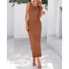 imageBTFBM Womens Knit Bodycon Midi Dress Casual Sleeveless See Through Cover Up Dresses Crew Neck Slit Tank Summer DressesBrown