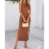 imageBTFBM Womens Knit Bodycon Midi Dress Casual Sleeveless See Through Cover Up Dresses Crew Neck Slit Tank Summer DressesBrown