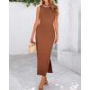 imageBTFBM Womens Knit Bodycon Midi Dress Casual Sleeveless See Through Cover Up Dresses Crew Neck Slit Tank Summer DressesBrown