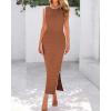 imageBTFBM Womens Knit Bodycon Midi Dress Casual Sleeveless See Through Cover Up Dresses Crew Neck Slit Tank Summer DressesBrown