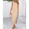 imageBTFBM Womens Knit Bodycon Midi Dress Casual Sleeveless See Through Cover Up Dresses Crew Neck Slit Tank Summer DressesLight Khaki