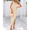 imageBTFBM Womens Knit Bodycon Midi Dress Casual Sleeveless See Through Cover Up Dresses Crew Neck Slit Tank Summer DressesLight Khaki