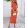 imageBTFBM Womens Knit Bodycon Midi Dress Casual Sleeveless See Through Cover Up Dresses Crew Neck Slit Tank Summer DressesOrange
