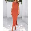 imageBTFBM Womens Knit Bodycon Midi Dress Casual Sleeveless See Through Cover Up Dresses Crew Neck Slit Tank Summer DressesOrange