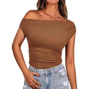 imageBTFBM Women Off The Shoulder Top 2025 Summer Sleeveless Ruched Ribbed Shirt Asymmetrical Slim Fit Y2K Going Out TopsSolid Brown