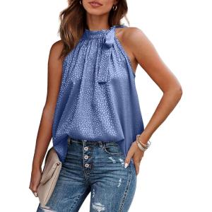 imageBTFBM Women Sleeveless Tie Mock Neck Summer Tops Loose Casual Side Bow Satin Halter Tank Top Blouse ShirtsDark Blue