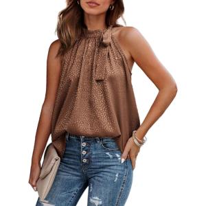 imageBTFBM Women Sleeveless Tie Mock Neck Summer Tops Loose Casual Side Bow Satin Halter Tank Top Blouse ShirtsDark Brown
