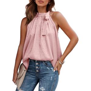 imageBTFBM Women Sleeveless Tie Mock Neck Summer Tops Loose Casual Side Bow Satin Halter Tank Top Blouse ShirtsLight Pink