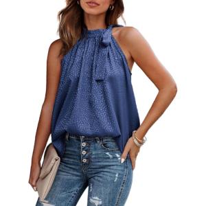 imageBTFBM Women Sleeveless Tie Mock Neck Summer Tops Loose Casual Side Bow Satin Halter Tank Top Blouse ShirtsNavy