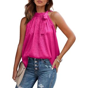 imageBTFBM Women Sleeveless Tie Mock Neck Summer Tops Loose Casual Side Bow Satin Halter Tank Top Blouse ShirtsRose Red
