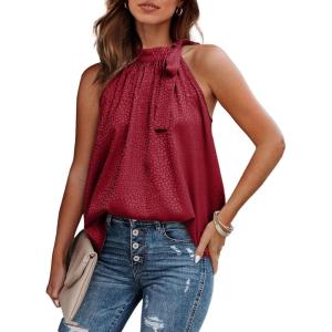 imageBTFBM Women Sleeveless Tie Mock Neck Summer Tops Loose Casual Side Bow Satin Halter Tank Top Blouse ShirtsWine Red