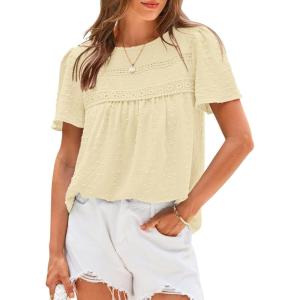 imageBTFBM Womens 2025 Summer Tops Swiss Dot Lace Crochet Crewneck Short Sleeve Casual Cute Shirts Boho BlousesApricot