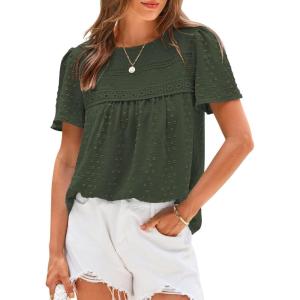 imageBTFBM Womens 2025 Summer Tops Swiss Dot Lace Crochet Crewneck Short Sleeve Casual Cute Shirts Boho BlousesArmy Green