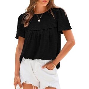 imageBTFBM Womens 2025 Summer Tops Swiss Dot Lace Crochet Crewneck Short Sleeve Casual Cute Shirts Boho BlousesBlack