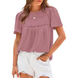 imageBTFBM Womens 2025 Summer Tops Swiss Dot Lace Crochet Crewneck Short Sleeve Casual Cute Shirts Boho BlousesGrey Pink