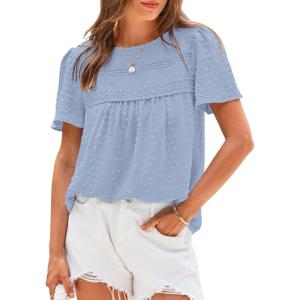imageBTFBM Womens 2025 Summer Tops Swiss Dot Lace Crochet Crewneck Short Sleeve Casual Cute Shirts Boho BlousesLight Blue