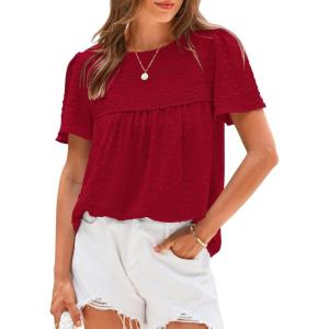 imageBTFBM Womens 2025 Summer Tops Swiss Dot Lace Crochet Crewneck Short Sleeve Casual Cute Shirts Boho BlousesRed