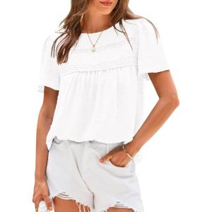 imageBTFBM Womens 2025 Summer Tops Swiss Dot Lace Crochet Crewneck Short Sleeve Casual Cute Shirts Boho BlousesWhite