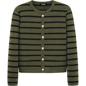 imageBTFBM Womens Cardigans Sweater 2024 Fall Striped Long Sleeve Button Down Crop Open Front Knit Outerwear Deco PocketsStriped Army Green Black
