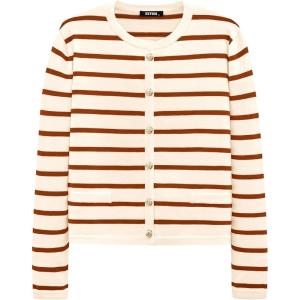 imageBTFBM Womens Cardigans Sweater 2024 Fall Striped Long Sleeve Button Down Crop Open Front Knit Outerwear Deco PocketsStriped Beige Caramel
