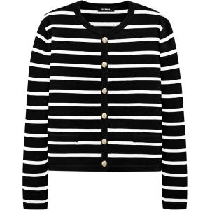 imageBTFBM Womens Cardigans Sweater 2024 Fall Striped Long Sleeve Button Down Crop Open Front Knit Outerwear Deco PocketsStriped Black White