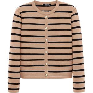 imageBTFBM Womens Cardigans Sweater 2024 Fall Striped Long Sleeve Button Down Crop Open Front Knit Outerwear Deco PocketsStriped Camel Black
