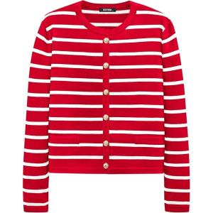 imageBTFBM Womens Cardigans Sweater 2024 Fall Striped Long Sleeve Button Down Crop Open Front Knit Outerwear Deco PocketsStriped Red White