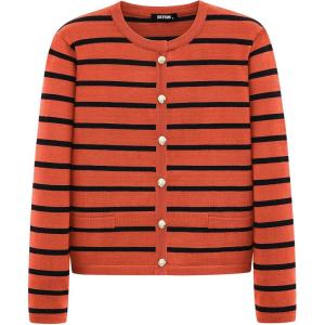 imageBTFBM Womens Cardigans Sweater 2024 Fall Striped Long Sleeve Button Down Crop Open Front Knit Outerwear Deco PocketsStriped Rust Red Black