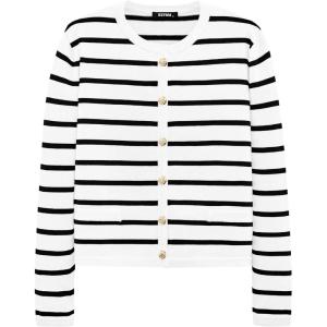 imageBTFBM Womens Cardigans Sweater 2024 Fall Striped Long Sleeve Button Down Crop Open Front Knit Outerwear Deco PocketsStriped White Black