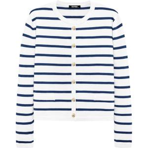 imageBTFBM Womens Cardigans Sweater 2024 Fall Striped Long Sleeve Button Down Crop Open Front Knit Outerwear Deco PocketsStriped White Blue