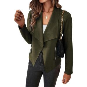 imageBTFBM Womens Faux Suede Jackets Dressy Spring Summer Clothes 2025 Lapel Long Sleeve Open Front Cropped Outerwear CoatsSolid Army Green