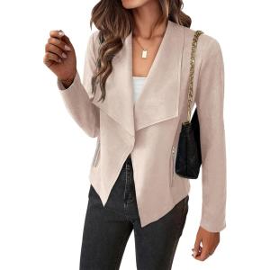 imageBTFBM Womens Faux Suede Jackets Dressy Spring Summer Clothes 2025 Lapel Long Sleeve Open Front Cropped Outerwear CoatsSolid Beige Apricot