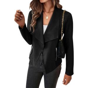 imageBTFBM Womens Faux Suede Jackets Dressy Spring Summer Clothes 2025 Lapel Long Sleeve Open Front Cropped Outerwear CoatsSolid Black
