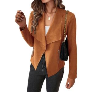 imageBTFBM Womens Faux Suede Jackets Dressy Spring Summer Clothes 2025 Lapel Long Sleeve Open Front Cropped Outerwear CoatsSolid Brown