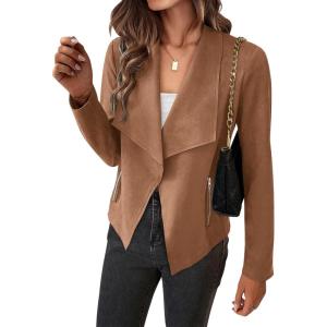 imageBTFBM Womens Faux Suede Jackets Dressy Spring Summer Clothes 2025 Lapel Long Sleeve Open Front Cropped Outerwear CoatsSolid Camel